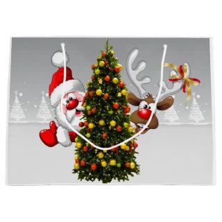 Santa claus and reindeer behind a christmas tree.j large gift bag