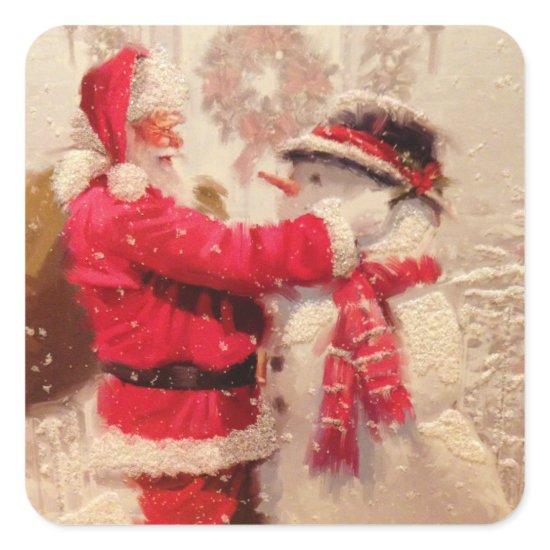 Santa claus and snowman in snowfall square sticker