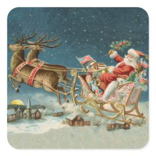 Santa Claus Christmas Antique Sleigh Reindeer Square Sticker