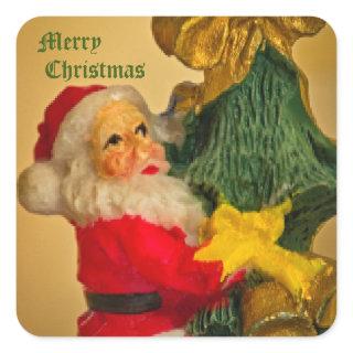 Santa Claus Climbing the Christmas Tree - Vintage Square Sticker