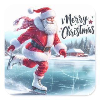 Santa Claus Enjoys Ice Skating on a Snowy Pond Square Sticker