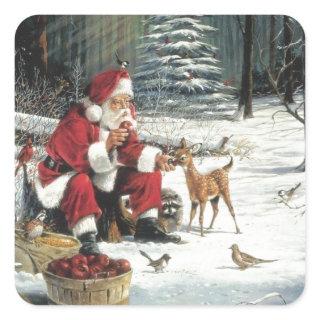 Santa Claus Feeding The Animals Square Sticker