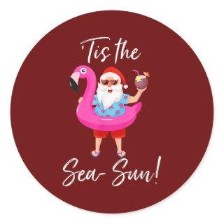 Santa Claus Flamingo Float Tis The Sea Sun Classic Round Sticker