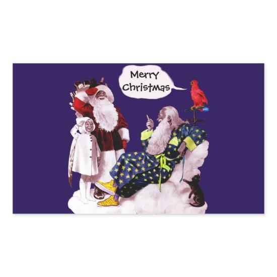 SANTA CLAUS,LITTLE ANGEL& MERLIN Christmas Party Rectangular Sticker