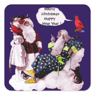 SANTA CLAUS,LITTLE ANGEL& MERLIN Christmas Party Square Sticker