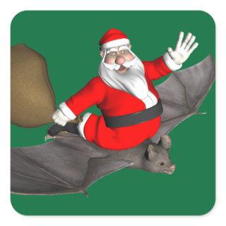 Santa Claus On Flying Bat Square Sticker
