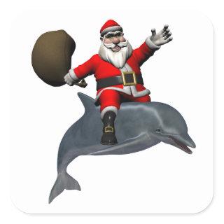 Santa Claus Riding On Dolphin Square Sticker