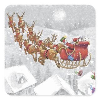 Santa Claus riding on sleigh with gift box Square Sticker