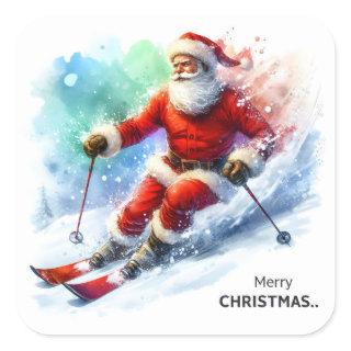 Santa Claus Skiing Down a Snowy Mountain Slope Square Sticker