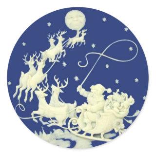 Santa Claus Sleigh Night Ride Christmas Blue White Classic Round Sticker