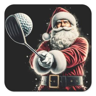 Santa Claus Swinging a Golf Club in Festive Attire Square Sticker