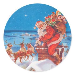 Santa Claus Up On The Rooftop With His Reindeer Classic Round Sticker
