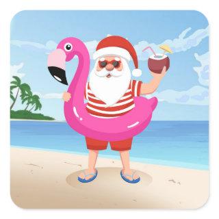 Santa Claus with flamingo inflatable ring Square Sticker