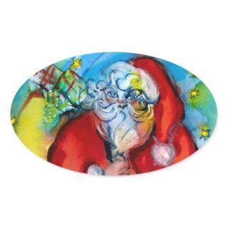 SANTA CLAUS  WITH LANTERN IN THE CHRISTMAS NIGHT OVAL STICKER