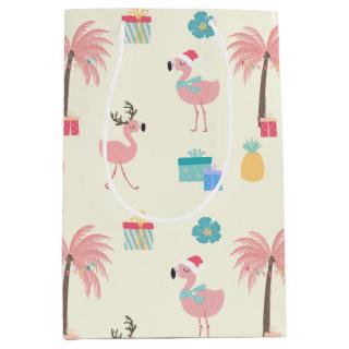 Santa Flamingo Pattern Fun Pink Tropical Christmas Medium Gift Bag