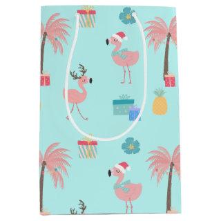 Santa Flamingo Pattern Fun Teal Tropical Christmas Medium Gift Bag