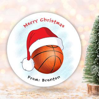 Santa Hat Basketball Merry Christmas Classic Round Sticker
