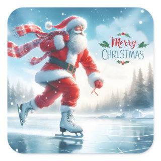Santa Ice Skating in Winter Bliss Square Sticker