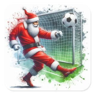 Santa Kicks a Soccer Ball Towards the Goal Square Sticker