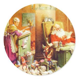 Santa & Mrs. Claus & the Elves Check His List Classic Round Sticker