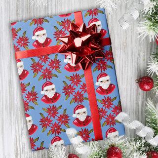 Santa Poinsettia Traditional Blue Red Christmas