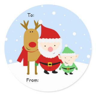 Santa, Rudolph and Elf Christmas Tag, To: From: Classic Round Sticker