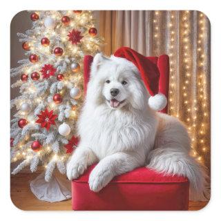 Santa Samoyed Dog On a Red Chair Square Sticker