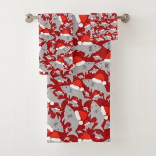 Santa Shark Christmas Red Background Bath Towel Set