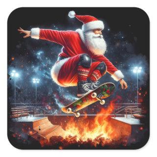Santa Skateboards Over Fiery Ramp Square Sticker