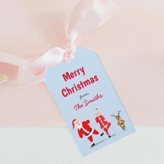 Santa Trying To Do Yoga With Mrs. Claus & Reindeer Gift Tags