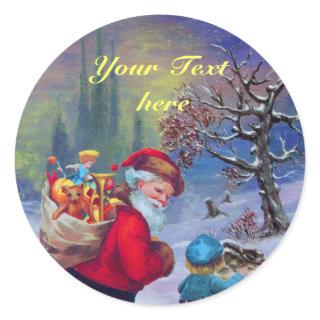 SANTA WITH CHILD IN THE WINTER SNOW CLASSIC ROUND STICKER