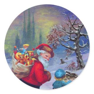 SANTA WITH CHILD IN THE WINTER SNOW CLASSIC ROUND STICKER