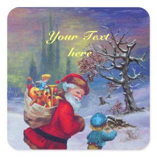 SANTA WITH CHILD IN THE WINTER SNOW SQUARE STICKER