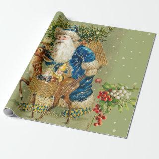 SANTA WITH DEER AND CHRISTMAS GIFTS IN WINTER SNOW