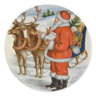 Santa With His Reindeer Classic Round Sticker