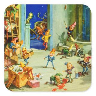 Santa's Elves Busy at His North Pole Workshop Square Sticker