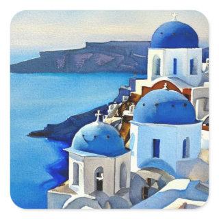 Santorini Greece Watercolor Painting Square Sticker