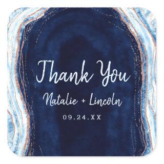 Sapphire Blue Rose Gold Geode Wedding Thank You Square Sticker