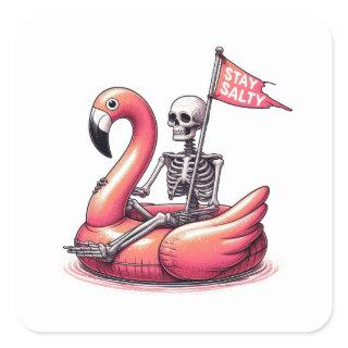 Sarcastic Skeleton on Flamingo - Stay Salty Square Sticker
