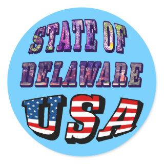 Sate of Delaware Picture and USA Flag Text Classic Round Sticker