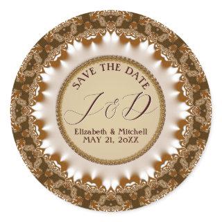 Satin Earth Lace Monogram Save the Date Classic Round Sticker