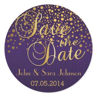 Save the Date | Gold Dots and Purple | Personalize Classic Round Sticker