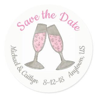 Save the Date Pink Champagne Toast Wedding Date Classic Round Sticker
