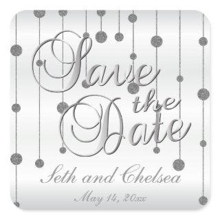 Save the Date Silver and White Satin | Personalize Square Sticker