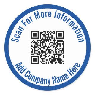 Scan For More Information QR Code Blue and White Classic Round Sticker