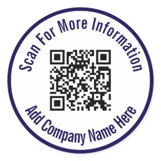 Scan For More Information QR Code Dark Blue White Classic Round Sticker