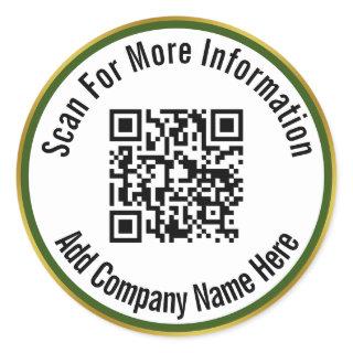 Scan QR Code For Info Dark Green White and Gold Classic Round Sticker