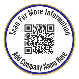 Scan QR Code For Info Navy Blue White and Gold Classic Round Sticker