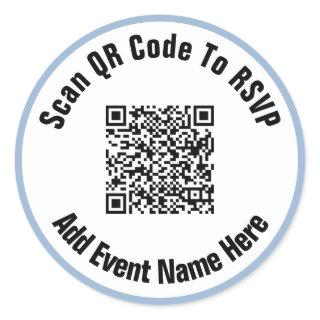 Scan QR Code To RSVP Event Black White Baby Blue Classic Round Sticker