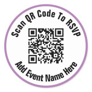Scan QR Code To RSVP Event Black White Lavender Classic Round Sticker